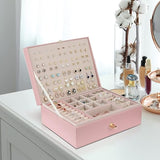 Darrahopens Home & Garden > Storage > Storage Boxes Pink Jewelry Organizer Large 3-Layer Stackable PU Leather Box for Necklaces Earrings Bracelets Rings Pink