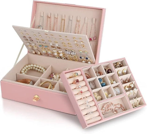 Darrahopens Home & Garden > Storage > Storage Boxes Pink Jewelry Organizer Large 3-Layer Stackable PU Leather Box for Necklaces Earrings Bracelets Rings Pink