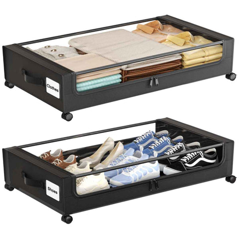 Darrahopens Home & Garden > Storage > Storage Boxes Under Bed Storage with Wheels,XXL 60L Under Bed Storage Containers with Clear Lids, Rolling Under Bed Metal Drawer for Clothes, Shoes,Toys - Black - Size 60L In Australia - Darrahopens