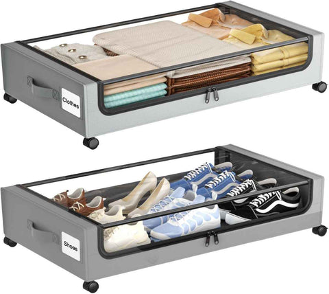 Darrahopens Home & Garden > Storage > Storage Boxes Under Bed Storage with Wheels,XXL 60L Under Bed Storage Containers with Clear Lids, Rolling Under Bed Metal Drawer for Clothes, Shoes,Toys - Gray - Size 60L In Australia - Darrahopens