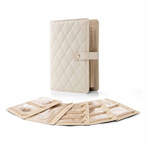 Darrahopens Home & Garden > Storage > Storage Boxes White Elegant Quilted Travel Jewelry Organizer Binder - Portable Loose-Leaf Storage Book with Clear Zipper Pockets for Earrings, Necklaces, Rings