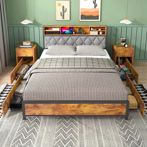 Darrahopens Home & Garden > Storage > Storage Cabinets & Lockers Double Bed Frame with 4 Storage Drawers, Charging Station, USB Ports, Black In Australia - Darrahopens