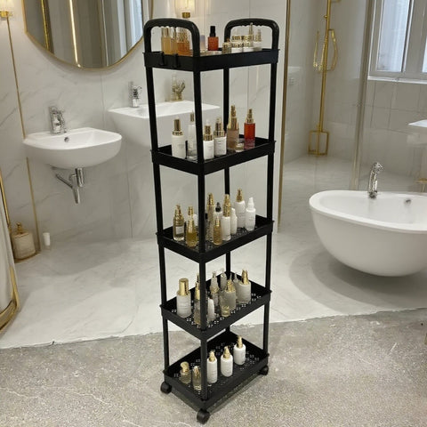 Darrahopens Home & Garden > Storage > Storage Cabinets & Lockers Five-Tier Rolling Cosmetics Storage Rack - Made of durable plastic, equipped with 360-degree swivel casters, strong load-bearing capacity - Suitable for bathroom, bedroom, kitchen, and home storage | BLACK