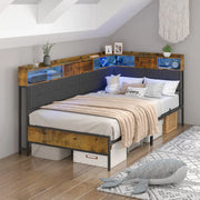 Darrahopens Home & Garden > Storage > Storage Cabinets & Lockers Walnut Single LED Corner Bed Frame in Black with 2 Storage Drawers and Charging Station In Australia - Darrahopens