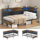 Darrahopens Home & Garden > Storage > Storage Cabinets & Lockers Walnut Single LED Corner Bed Frame in Black with 2 Storage Drawers and Charging Station In Australia - Darrahopens