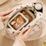 Darrahopens Home & Garden > Travel > Backpacks 2-Pack Strawberry & Beige Floral Print Soft Corduroy Insulated Lunch Bag for Women and Students - Large Capacity Thermal Lunch Tote with Shoulder Strap, Front Zip Pocket and Side Bottle Holder 11.4 x 9 6.7 inch