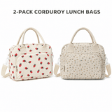 Darrahopens Home & Garden > Travel > Backpacks 2-Pack Strawberry & Beige Floral Print Soft Corduroy Insulated Lunch Bag for Women and Students - Large Capacity Thermal Lunch Tote with Shoulder Strap, Front Zip Pocket and Side Bottle Holder 11.4 x 9 6.7 inch