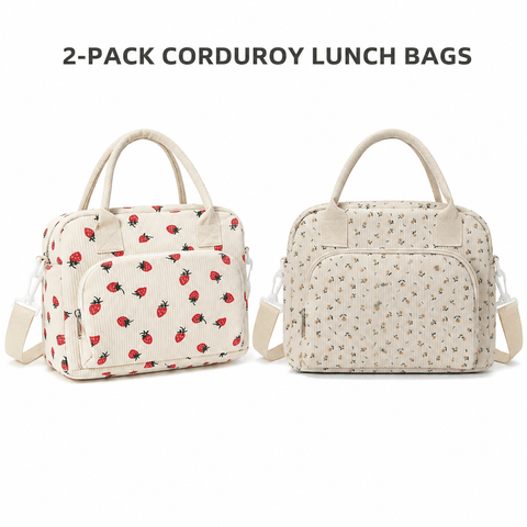 Darrahopens Home & Garden > Travel > Backpacks 2-Pack Strawberry & Beige Floral Print Soft Corduroy Insulated Lunch Bag for Women and Students - Large Capacity Thermal Lunch Tote with Shoulder Strap, Front Zip Pocket and Side Bottle Holder 11.4 x 9 6.7 inch