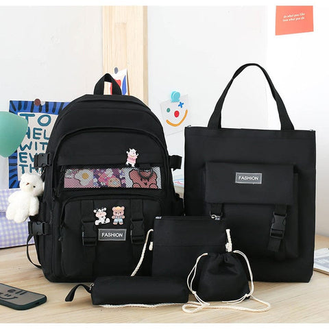 Darrahopens Home & Garden > Travel > Backpacks 5 Piece Aesthetic School Backpack Set Black Oxford Fabric Fits 14 Inch Laptop