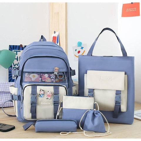 Darrahopens Home & Garden > Travel > Backpacks 5 Piece Aesthetic School Backpack Set Blue Oxford Fabric Fits 14 Inch Laptop