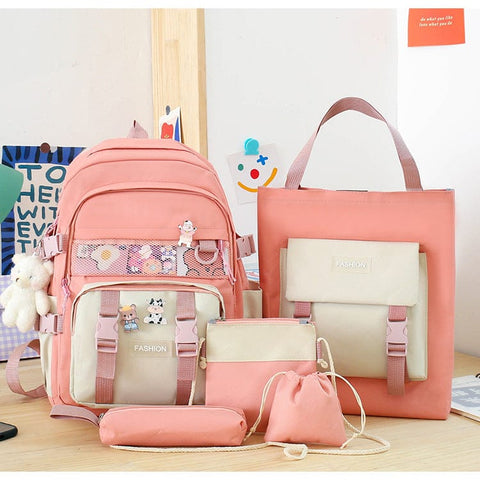 Darrahopens Home & Garden > Travel > Backpacks 5 Piece Aesthetic School Backpack Set Pink Oxford Fabric Fits 14 Inch Laptop