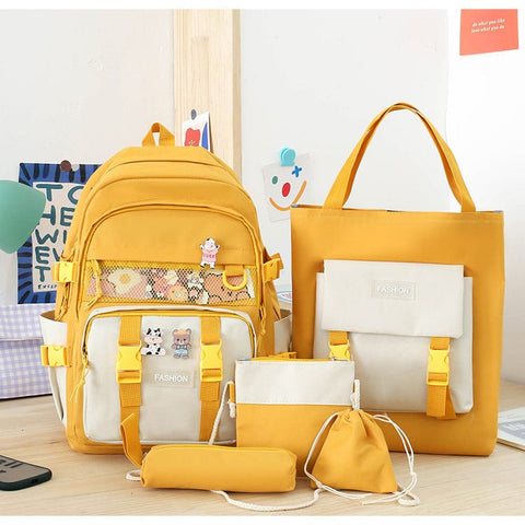 Darrahopens Home & Garden > Travel > Backpacks 5 Piece Aesthetic School Backpack Set Yellow Oxford Fabric Fits 14 Inch Laptop