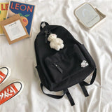 Darrahopens Home & Garden > Travel > Backpacks Aesthetic Black School Backpack with Cute Bear Plushie and Pin Large Capacity Nylon Laptop Daypack for High School and Uni Students
