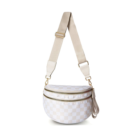 Darrahopens Home & Garden > Travel > Backpacks Beige Checkered Trendy Sling Bag - Women's Crescent Crossbody Purse with Wide Adjustable Strap