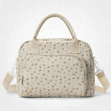 Darrahopens Home & Garden > Travel > Backpacks Beige Floral Print Soft Corduroy Insulated Lunch Bag for Women and Students - Large Capacity Thermal Lunch Tote with Shoulder Strap, Front Zip Pocket and Side Bottle Holder 11.4 x 9 6.7 inch