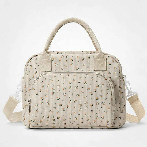 Darrahopens Home & Garden > Travel > Backpacks Beige Floral Print Soft Corduroy Insulated Lunch Bag for Women and Students - Large Capacity Thermal Lunch Tote with Shoulder Strap, Front Zip Pocket and Side Bottle Holder 11.4 x 9 6.7 inch
