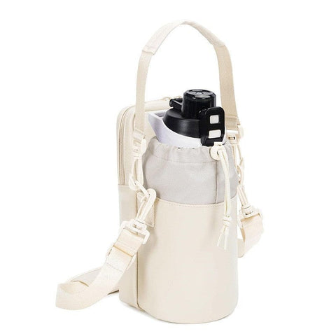 Darrahopens Home & Garden > Travel > Backpacks Beige Stylish Water Bottle Carrier Bag with Phone Pocket, Key Clip & Adjustable Strap - Crossbody Sling Holder