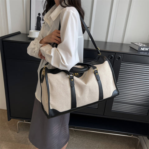 Darrahopens Home & Garden > Travel > Backpacks Black Contrast Color Women's Travel Bag - Canvas & PU Leather Trim Luggage (32x21x14cm)