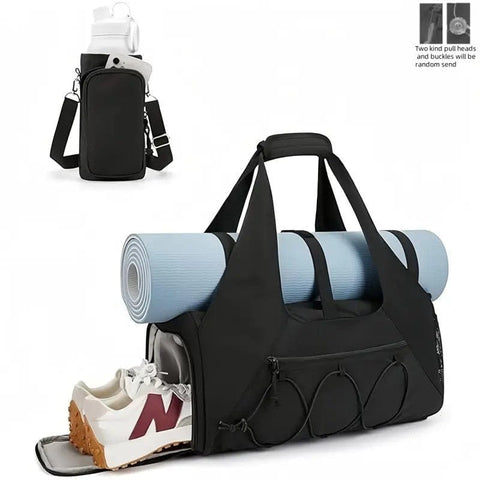 Darrahopens Home & Garden > Travel > Backpacks Black High-Capacity Yoga Gym Duffel Set with Bonus Bottle Phone Pouch, Separate Shoe Compartment & Yoga Mat Strap