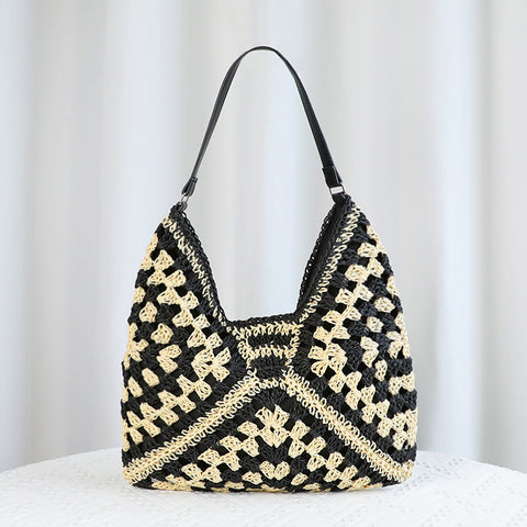 Darrahopens Home & Garden > Travel > Backpacks Black Stylish Woven Shoulder Bag - Fashionable Versatile Handbag & Crossbody Straw Beach Tote (39x27x39 cm)
