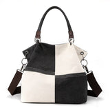 Darrahopens Home & Garden > Travel > Backpacks Black Women's Canvas Patchwork Tote Bag Large Capacity Shoulder Handbag Fits A4 Magazine Adjustable Crossbody Strap 34cm for Work & School