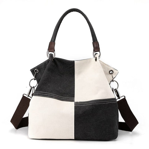 Darrahopens Home & Garden > Travel > Backpacks Black Women's Canvas Patchwork Tote Bag Large Capacity Shoulder Handbag Fits A4 Magazine Adjustable Crossbody Strap 34cm for Work & School