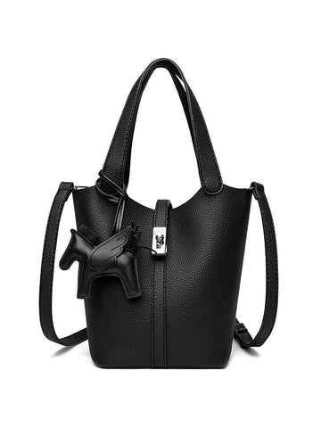 Darrahopens Home & Garden > Travel > Backpacks Black Women's Small PU Leather Bucket Bag with Secure Lock and Horse Charm - 20cm Compact Crossbody Handbag for Everyday Use