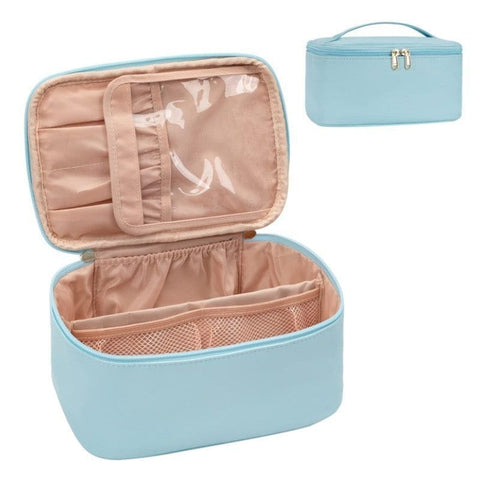 Darrahopens Home & Garden > Travel > Backpacks Blue Large Capacity Travel Makeup Bag Portable Cosmetic Case with Handle and Dividers Elegant Toiletry Organizer for Daily Use