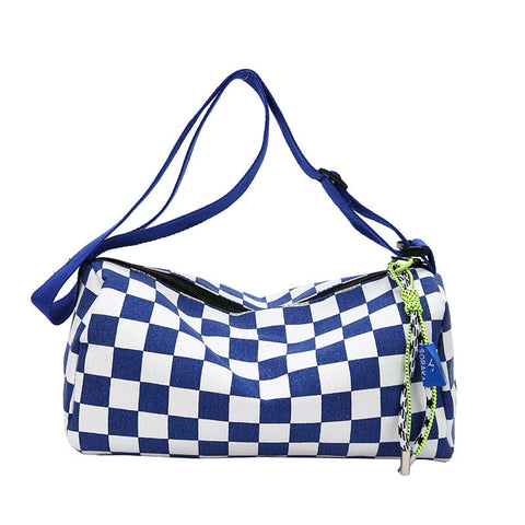 Darrahopens Home & Garden > Travel > Backpacks Blue Trendy Checkerboard Boston Bag - Casual Crossbody Shoulder Purse with Wide Strap