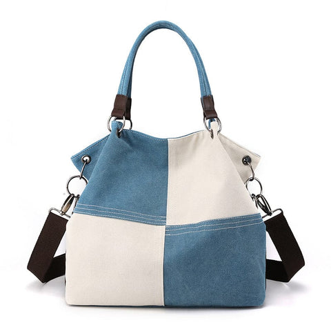 Darrahopens Home & Garden > Travel > Backpacks Blue Women's Canvas Patchwork Tote Bag Large Capacity Shoulder Handbag Fits A4 Magazine Adjustable Crossbody Strap 34cm for Work & School