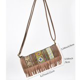 Darrahopens Home & Garden > Travel > Backpacks Boho Ethnic PU Leather Cylindrical Crossbody Bag with Embroidery and Fringe - 21cm Vintage Retro Drum Bag for Daily Use