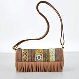Darrahopens Home & Garden > Travel > Backpacks Boho Ethnic PU Leather Cylindrical Crossbody Bag with Embroidery and Fringe - 21cm Vintage Retro Drum Bag for Daily Use