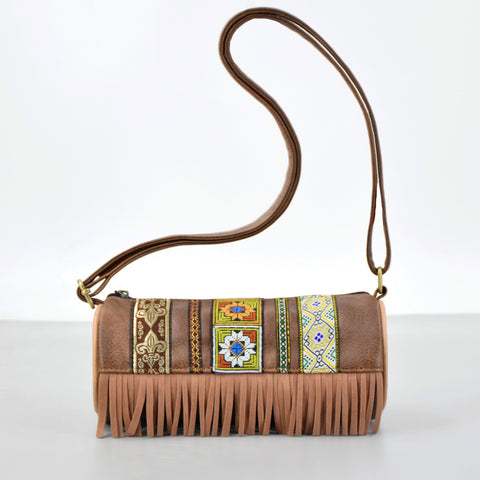 Darrahopens Home & Garden > Travel > Backpacks Boho Ethnic PU Leather Cylindrical Crossbody Bag with Embroidery and Fringe - 21cm Vintage Retro Drum Bag for Daily Use