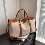 Darrahopens Home & Garden > Travel > Backpacks Brown Contrast Color Women's Travel Bag - Canvas & PU Leather Trim Luggage (43x27x19cm)