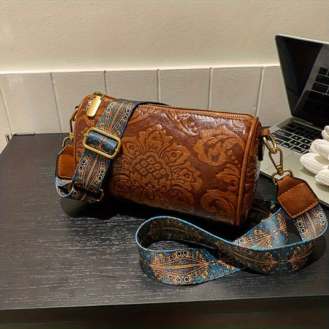 Darrahopens Home & Garden > Travel > Backpacks Brown Vintage Embossed Crossbody Barrel Bag with Wide Adjustable Guitar Strap