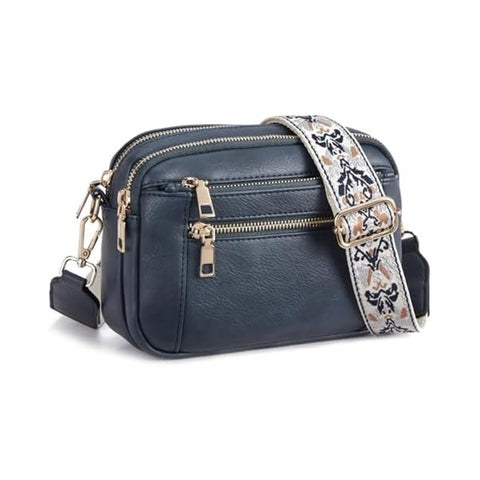 Darrahopens Home & Garden > Travel > Backpacks Double Zipper Blue Chic Quilted Crossbody Bag - Vintage PU Leather Shoulder Purse with Adjustable Strap