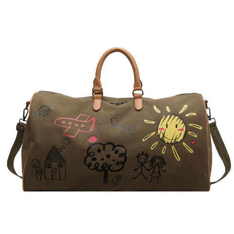 Darrahopens Home & Garden > Travel > Backpacks Green-coffee Large Capacity Graffiti Travel Duffel Bag - Canvas Weekender with Wet/Dry Pocket & Shoe Compartment