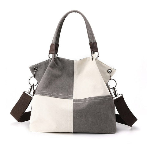 Darrahopens Home & Garden > Travel > Backpacks Grey Women's Canvas Patchwork Tote Bag Large Capacity Shoulder Handbag Fits A4 Magazine Adjustable Crossbody Strap 34cm for Work & School