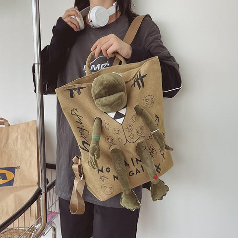 Darrahopens Home & Garden > Travel > Backpacks Khaki 3D Frog Graffiti Canvas Backpack Large Capacity 37x40cm School Bag for Students and Uni Students - Creative Aesthetic Rucksack
