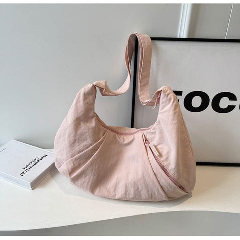 Darrahopens Home & Garden > Travel > Backpacks Pink Lightweight Crescent Crossbody Bag - Slouchy Nylon Hobo Purse for Casual Everyday Use