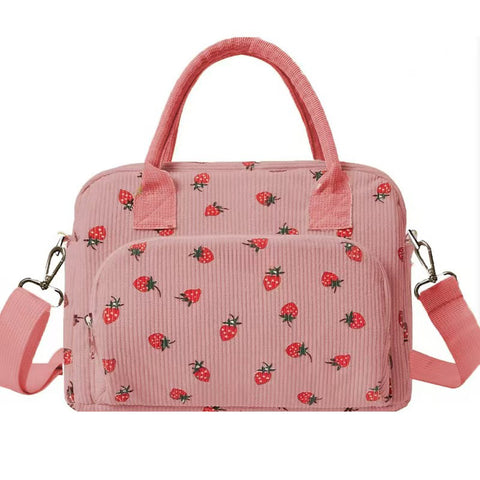 Darrahopens Home & Garden > Travel > Backpacks Pink Women's Large Corduroy Lunch Bag Insulated Thermal Tote Strawberry Print with Shoulder Strap for Work School & Picnics