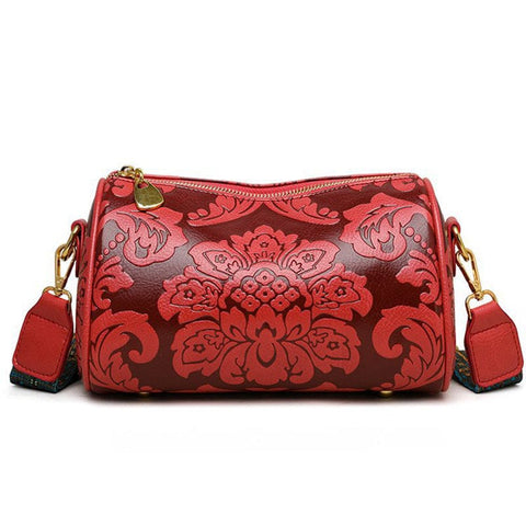 Darrahopens Home & Garden > Travel > Backpacks Red Vintage Embossed Crossbody Barrel Bag with Wide Adjustable Guitar Strap