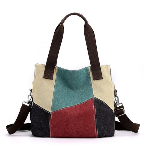 Darrahopens Home & Garden > Travel > Backpacks Red Vintage Patchwork Canvas Tote Bag Large Capacity Multi-Pocket Women's Shoulder Handbag for Office Travel and Daily Use