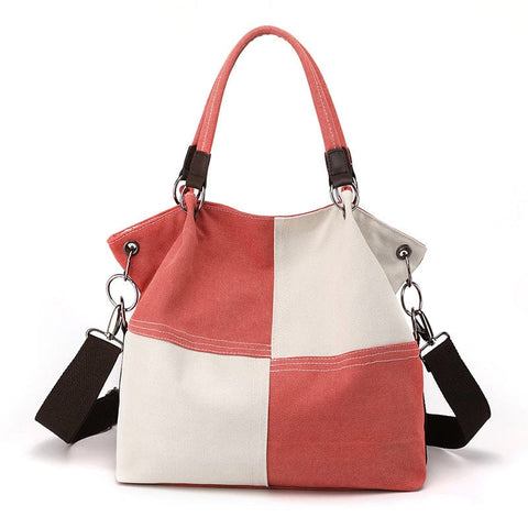 Darrahopens Home & Garden > Travel > Backpacks Red Women's Canvas Patchwork Tote Bag Large Capacity Shoulder Handbag Fits A4 Magazine Adjustable Crossbody Strap 34cm for Work & School