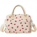 Darrahopens Home & Garden > Travel > Backpacks Strawberry Print Soft Corduroy Insulated Lunch Bag for Women and Students - Large Capacity Thermal Lunch Tote with Shoulder Strap, Front Zip Pocket and Side Bottle Holder 11.4 x 9 6.7 inch