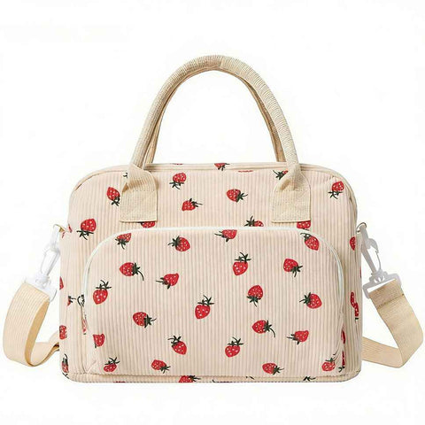 Darrahopens Home & Garden > Travel > Backpacks Strawberry Print Soft Corduroy Insulated Lunch Bag for Women and Students - Large Capacity Thermal Lunch Tote with Shoulder Strap, Front Zip Pocket and Side Bottle Holder 11.4 x 9 6.7 inch