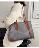 Darrahopens Home & Garden > Travel > Backpacks Top-Grain Leather Contrast Tote: Large Capacity Commuter Shoulder & Handbag, Fabric Lining。(black)