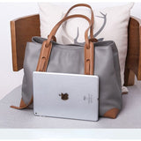 Darrahopens Home & Garden > Travel > Backpacks Top-Grain Leather Contrast Tote: Large Capacity Commuter Shoulder & Handbag, Fabric Lining.(Gray with brown)