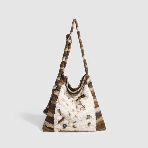 Darrahopens Home & Garden > Travel > Backpacks Women's Fur Splicing Large Tote Bag Wool Knit Shoulder Crossbody Bag for Casual Commute 40x36cm