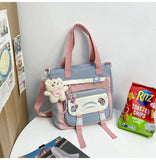Darrahopens Home & Garden > Travel > Backpacks Women's Kawaii Black Shoulder Bag with Cute Bear Plush Charm and 4 Badges Large Capacity Nylon Tote School Handbag